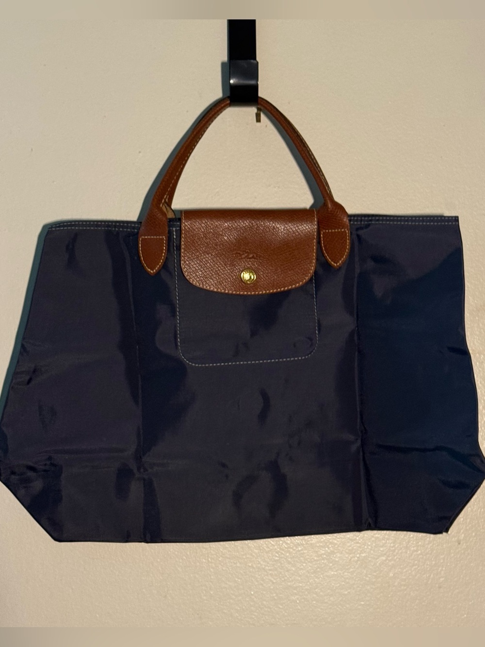 Longchamp Le Pliage Medium Tote Bag - Navy with Brown Trim (No Zipper)